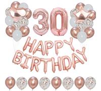 Godfather Combo of Happy Birthday Banner 40inch 1Star and 1Heart Foil Balloons 12inch 12Pcs Metallic 12Pcs Plain and 12Pcs Confetti Balloons for Party Decor Set Free 10mtr Ribbon (Rose Gold No. 30)