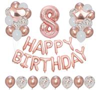 Godfather Combo of Happy Birthday Banner 40inch 1Star and 1Heart Foil Balloons 12inch 12Pcs Metallic 12Pcs Plain and 12Pcs Confetti Balloons for Party Decor Set Free 10mtr Ribbon (Rose Gold No. 8)