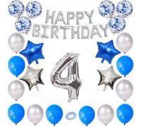 Godfather Combo of Happy Birthday Foil 40 inches 1 Number and 4 Star Foil Balloons 12 inches 12Pcs Latex and 6Pcs Confetti Balloons 10mtr. Ribbon for Party Decorations (Blue and Silver, Number4)
