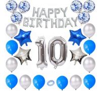 Godfather Combo of Happy Birthday Foil 40 inches 1 Number and 4 Star Foil Balloons 12 inches 12Pcs Latex and 6Pcs Confetti Balloons 10mtr. Ribbon for Party Decorations (Blue and Silver, Number10)