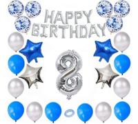 Godfather Combo of Happy Birthday Foil 40 inches 1 Number and 4 Star Foil Balloons 12 inches 12Pcs Latex and 6Pcs Confetti Balloons 10mtr. Ribbon for Party Decorations (Blue and Silver, Number8)