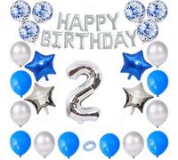Godfather Combo of Happy Birthday Foil 40 inches 1 Number and 4 Star Foil Balloons 12 inches 12Pcs Latex and 6Pcs Confetti Balloons 10mtr. Ribbon for Party Decorations (Blue and Silver, Number2)
