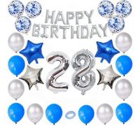 Godfather Combo of Happy Birthday Foil 40 inches 1 Number and 4 Star Foil Balloons 12 inches 12Pcs Latex and 6Pcs Confetti Balloons 10mtr. Ribbon for Party Decorations (Blue and Silver, Number28)