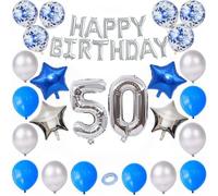 Godfather Combo of Happy Birthday Foil 40 inches 1 Number and 4 Star Foil Balloons 12 inches 12Pcs Latex and 6Pcs Confetti Balloons 10mtr. Ribbon for Party Decorations (Blue and Silver, Number50)