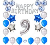 Godfather Combo of Happy Birthday Foil 40 inches 1 Number and 4 Star Foil Balloons 12 inches 12Pcs Latex and 6Pcs Confetti Balloons 10mtr. Ribbon for Party Decorations (Blue and Silver, Number9)