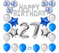Godfather Combo of Happy Birthday Foil 40 inches 1 Number and 4 Star Foil Balloons 12 inches 12Pcs Latex and 6Pcs Confetti Balloons 10mtr. Ribbon for Party Decorations (Blue and Silver, Number27)