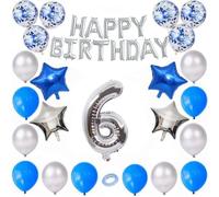 Godfather Combo of Happy Birthday Foil 40 inches 1 Number and 4 Star Foil Balloons 12 inches 12Pcs Latex and 6Pcs Confetti Balloons 10mtr. Ribbon for Party Decorations (Blue and Silver, Number6)