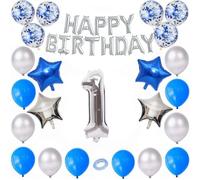 Godfather Combo of Happy Birthday Foil 40 inches 1 Number and 4 Star Foil Balloons 12 inches 12Pcs Latex and 6Pcs Confetti Balloons 10mtr. Ribbon for Party Decorations (Blue and Silver, Number1)