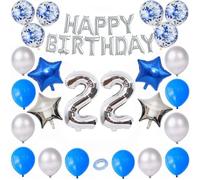 Godfather Combo of Happy Birthday Foil 40 inches 1 Number and 4 Star Foil Balloons 12 inches 12Pcs Latex and 6Pcs Confetti Balloons 10mtr. Ribbon for Party Decorations (Blue and Silver, Number22)