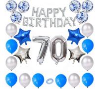 Godfather Combo of Happy Birthday Foil 40 inches 1 Number and 4 Star Foil Balloons 12 inches 12Pcs Latex and 6Pcs Confetti Balloons 10mtr. Ribbon for Party Decorations (Blue and Silver, Number70)