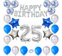 Godfather Combo of Happy Birthday Foil 40 inches 1 Number and 4 Star Foil Balloons 12 inches 12Pcs Latex and 6Pcs Confetti Balloons 10mtr. Ribbon for Party Decorations (Blue and Silver, Number25)