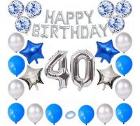 Godfather Combo of Happy Birthday Foil 40 inches 1 Number and 4 Star Foil Balloons 12 inches 12Pcs Latex and 6Pcs Confetti Balloons 10mtr. Ribbon for Party Decorations (Blue and Silver, Number40)