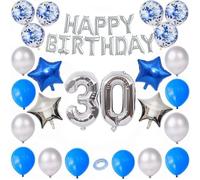 Godfather Combo of Happy Birthday Foil 40 inches 1 Number and 4 Star Foil Balloons 12 inches 12Pcs Latex and 6Pcs Confetti Balloons 10mtr. Ribbon for Party Decorations (Blue and Silver, Number30)
