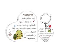 Godfather Gifts Fathers Day Acrylic Plaque Keychain 2PC Set Birthday Christmas Appreciate Gifts God Dad Heart Signs Family Turtle Desk Signs Men Keyring Retirement Thanksgiving Souvenirs Unique