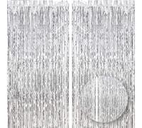 Godfather Metallic Foil Fringe Curtain Tinsels Photo Backdrop for Wedding Engagement Bridal Shower Birthday Party Stage Decoration for Home and Outdoor Use (3.2ft x 6.5ft) (Silver, Pack of 4)
