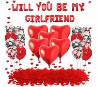 Godfather Will You Be My Girlfriend Foil Balloons with 6heart foil 6latex 6Red and 6Black confetti balloons 300Pcs Artificial Rose Petals for Valentine’s Day Proposal Decoration Accessories Red