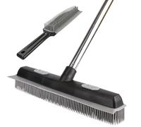 Godiyyer Pet Hair Rubber Broom with Carpet Rake and Squeegee, 2 in 1 Floor Brush for Carpet, 62 inch Adjustable Handle,Silicone Broom Black (Squeegee+Brush)