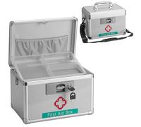 GODLONSEN Medicine Storage Box, 15''x 8.7''x 9.4'', Lockable Medicine Box, Portable Medication Box with Key Lock & Removable Tray, Lock Box for Medication, Snacks and Electronics, Silver, Small