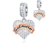 Godmother Dangle Charms fits Pandora Mothers Day Bracelet, 925 Sterling Silver I Love You God Mum Pendant, Pave Heart Clear CZ Godmom Bead, Mom Gift for Christmas/Godmum/Birthday