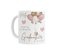 Godmother Gift - Personalised Godmother Mug, White Ceramic, Pink and Gold Balloon Heart Design
