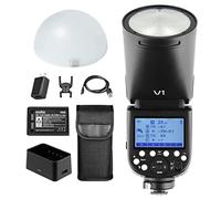 GODOX V1-C Round Head Camera Flash Speedlite Kit 1/8000 HSS, 480 Full Power Shots, Rechargeable Battery Compatible for Canon Camera + AK-R11 Dome Diffuser + 12 Month Extended Warranty Card (3 Yrs)