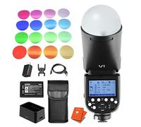 GODOX V1-F Round Head Camera Flash Speedlight Kit 1/8000 HSS, 480 Full Power, Rechargeable Battery Compatible for Fuji Camera AK-R11 Dome Diffuser V-11-C Colour Filter Gel 12 Month Warranty Card