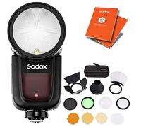 GODOX V1-F Round Head Camera Flash Speedlite/w AK-R1 Accessory Kit Incl. Bounce Card, Dome Diffuser, Colour Gels, Barndoors, Snoot for Fuji Camera + 12 Month Extended Warranty Card (3 Yrs)