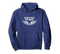God's Got My Back: Faithful Angelic Wings Cross Pullover Hoodie, Adult Unisex, Navy, XXL