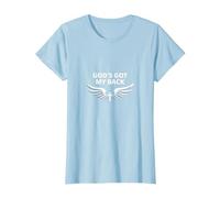 God's Got My Back: Faithful Angelic Wings Cross T-Shirt, Women, Baby Blue, L