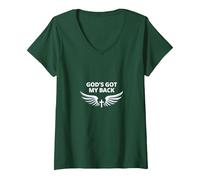 God's Got My Back: Faithful Angelic Wings Cross V-Neck T-Shirt, Women, Forest Green, S