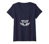 God's Got My Back: Faithful Angelic Wings Cross V-Neck T-Shirt, Women, Navy, XL