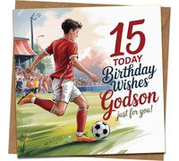 Godson 15th Birthday Card - Football/Soccer Design - 145mm Square Greeting Card with Kraft Envelope