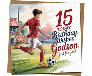 Godson 15th Birthday Card - Football/Soccer Design - 145mm Square Greeting Card with Kraft Envelope