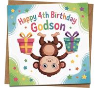 Godson 4th Birthday Card - Cute Monkey with Presents - “Happy 4th Birthday” - 145mm x 145mm Square - Includes Kraft Envelope