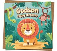 Godson Birthday Card - Cute Jungle Safari Lion Design - 145mm x 145mm Square Greeting Card with Kraft Envelope - Happy Birthday Card for Godson, Kids