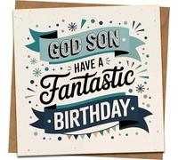Godson Birthday Card - Have a Fantastic Birthday - 145mm x 145mm Square Greeting Card with Kraft Envelope, Blue Modern Design