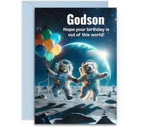 Godson Birthday Card - Space Cat and Dog - Funny Birthday Card. A5 Size with Blue Envelope. Designed and Printed in the UK