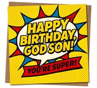 Godson Birthday Card - Superhero Comic Pop Art - Happy Birthday Godson You're Super - Fun Colourful Greeting Card, 145mm x 145mm Square, Includes Kraft Envelope