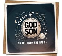 Godson Card - Love You to the Moon and Back | Space Astronaut Design Greeting Card, 145mm x 145mm Square, Blank Inside, Includes Kraft Envelope