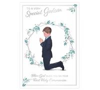 Godson First Holy Communion Card, Religious Blessing Card with Floral Design, 13 x 19 cm