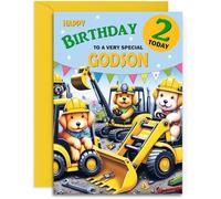 Godson Kids 2nd Birthday Card - Doggy Digger Crane Design for Age 2 Boy - A5 Size Card with Yellow Envelope