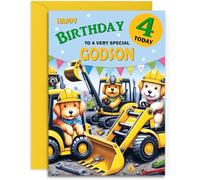 Godson Kids 4th Birthday Card - Doggy Digger Crane Design for Age 4 Boy - A5 Size Card with Yellow Envelope