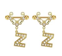 Godtemrow 2Pcs Gold Nipple Rings Name Letter Dangle for Women 14GA 316L Surgical Steel Cubic Zirconia Hypoallergenic Nipple Piercing Jewelry, Metal, cubic-zirconia