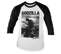 Godzilla Officially Licensed Vintage 3/4 Sleeve T-Shirt (White-Black), X-Large