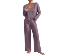 goeamcru Pijamas Women Set,Lounge Sets for Women UK Tracksuits Knitted Outfit Long Sleeve Solid Color Tops Wide Leg High Waist Trousers Pants Oversized Fluffy Cosy Pyjamas Holiday Dailywear