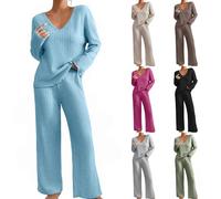 goeamcru Pijamas Women Set,Lounge Sets for Women UK Tracksuits Knitted Outfit Long Sleeve Solid Color Tops Wide Leg High Waist Trousers Pants Oversized Fluffy Cosy Pyjamas Holiday Dailywear Blue