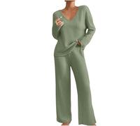 goeamcru Pijamas Women Set,Lounge Sets for Women UK Tracksuits Knitted Outfit Long Sleeve Solid Color Tops Wide Leg High Waist Trousers Pants Oversized Fluffy Cosy Pyjamas Holiday Dailywear Green