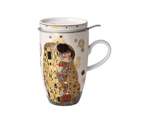 Goebel Tea Cup with Lid and Strainer to Collect Gustav Klimt The Kiss, 11.5 x 8 x 14 cm, 0.45 L, 67-072-02-1