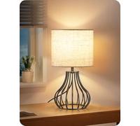 GOEBELSON Bedside Table Lamp, Black Metal Table Lamp with Beige Linen Lampshade, Modern Bedside Lamps for Bedroom, Industrial Cute Desk Lamp, 4W 2700K LED Bulb Included ZE10TLK05N1