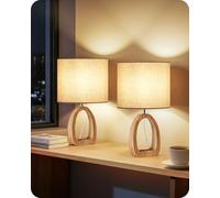 GOEBLESON Small Table Lamps Set of 2, Wood Desk Lamp with Ring-Shaped Base and Linen Lampshade, Bedside Lamp, E27 LED Bulb Included, for Living Room, Bedroom, Beige and Natural ZME07TLKP205